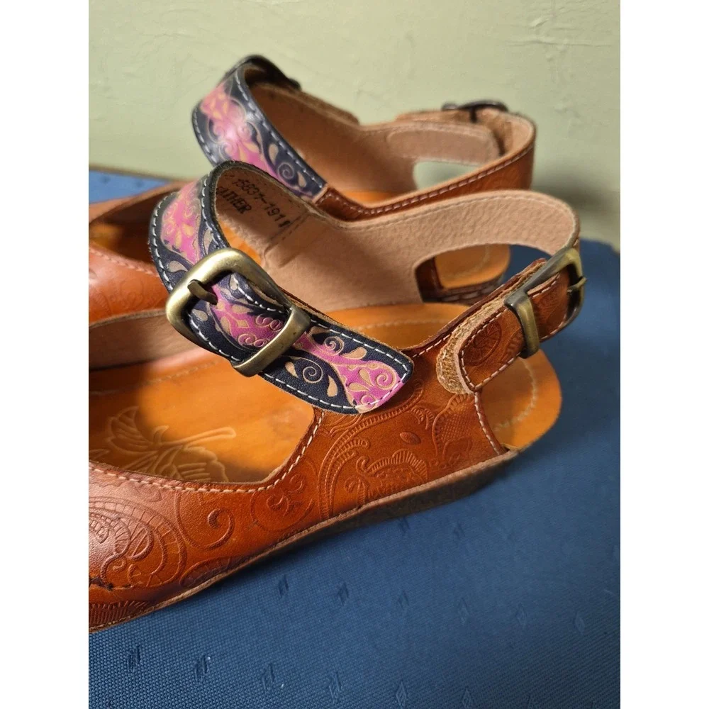 L'artiste Spring Step Teddy Sandals Women's 37 Brown Tooled Leather Cork Wedge